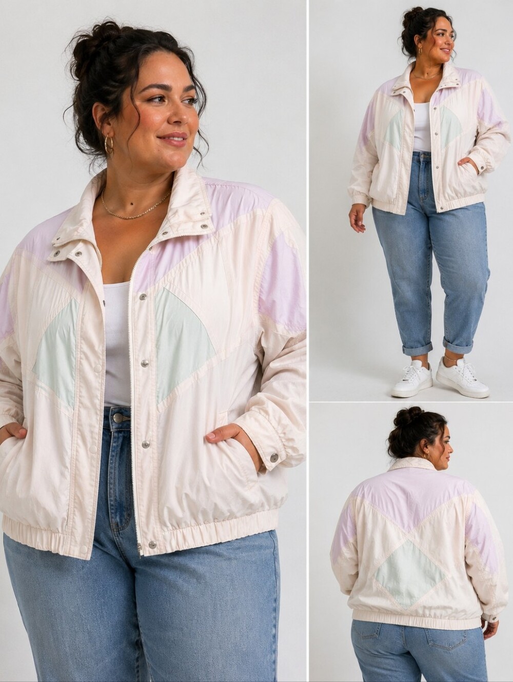 Vintage Light Pink Women's Windbreaker Jacket with Snap Closure